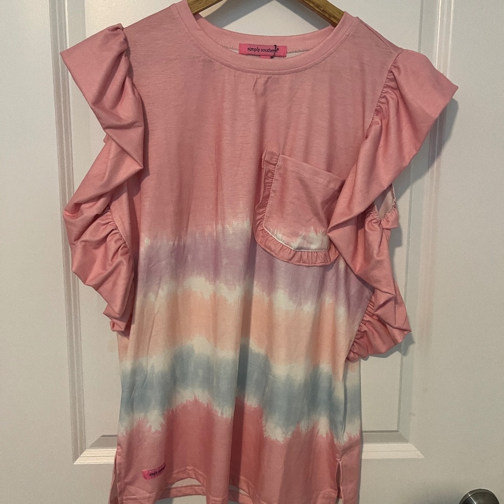 Simply Southernl Ruffled Short Sleeve Shirt Sz L Pink